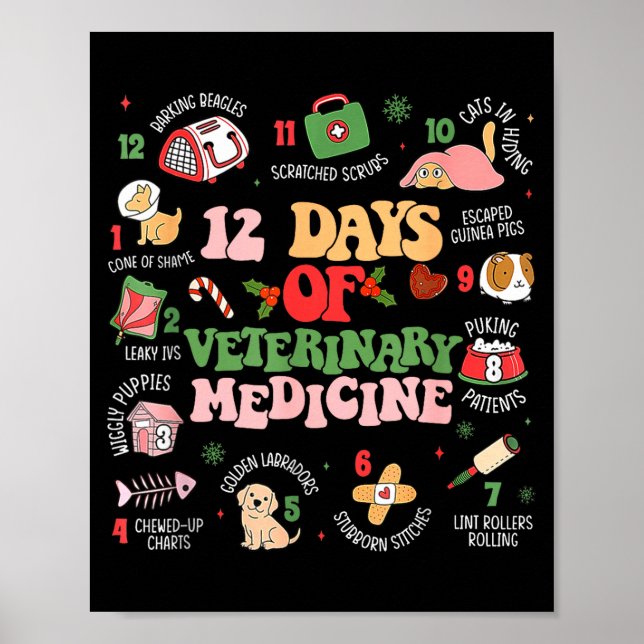 12 Days Of Veterinary Medicine Funny Christmas Vet Poster (Front)