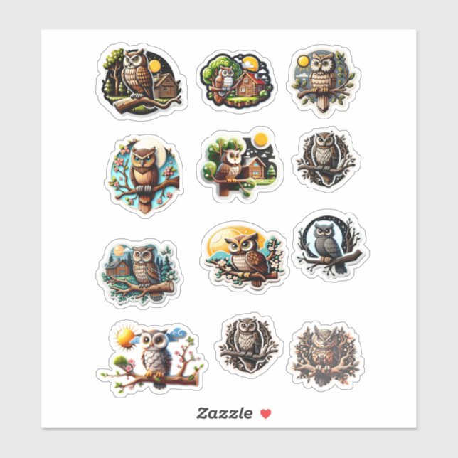 12 Different Owl Stickers (Sheet)