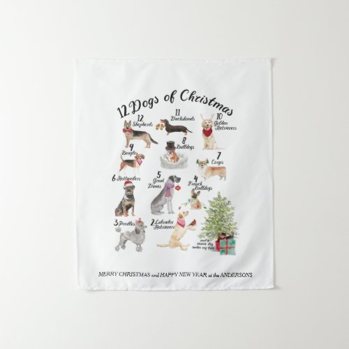 12 Dogs of Christmas  Holiday Hats Scarves Bows Tapestry
