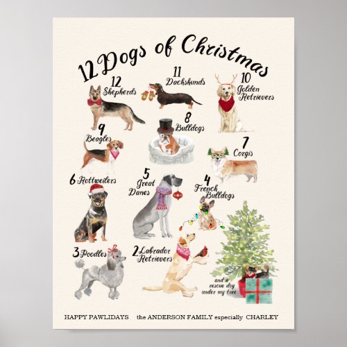 12 Dogs of Christmas in Holiday Spirit Attire Poster