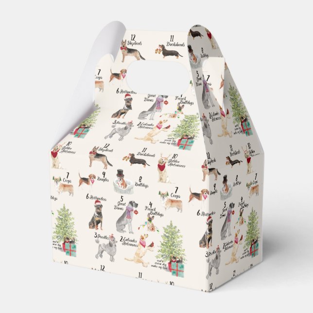 12 Dogs of Christmas in Holiday Spirit Outfits Favor Boxes (Front Side)