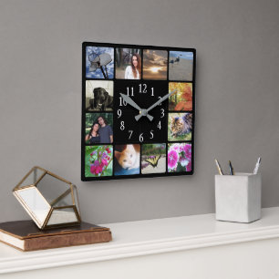12 Family Multi Photo Collage Square Black Modern Wall Clock