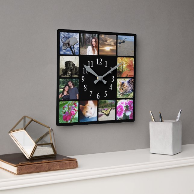 12 Family Multi Photo Collage Square Black Modern Wall Clock (Office)