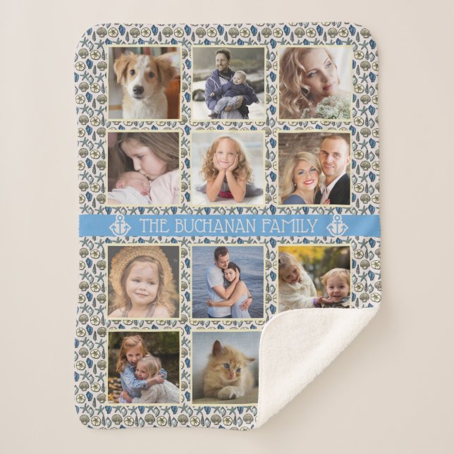12 Family Photo Collage Beach Shells Nautical Easy Sherpa Blanket (Front)
