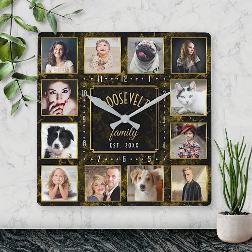 12 Family Photo Collage Black Gold Marble Custom Square Wall Clock