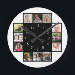 12 Family Photo Collage Create Your Own Black Round Clock<br><div class="desc">Create your own photo collage wall clock with 12 of your favorite pictures. The photo frame clock  helps you treasure your special moments and also makes a thoughtful gift for parents, grandparents and friends. The personalized family clock makes an unique gift for all occasions.</div>