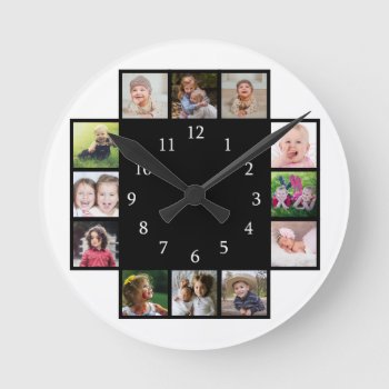 12 Family Photo Collage Create Your Own Black Round Clock by semas87 at Zazzle