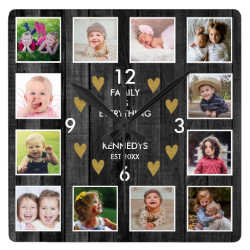 12  Family Photo Collage Pallet Wood Black Gold Square Wall Clock