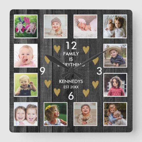 12  Family Photo Collage Pallet Wood Black Gold Square Wall Clock