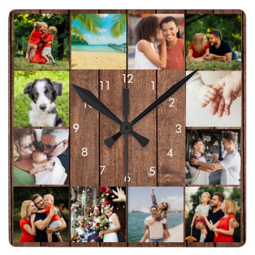 12 Family Photo Collage Rustic Wood Square Wall Clock