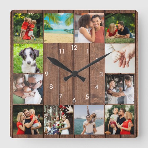 12 Family Photo Collage Rustic Wood Square Wall Clock