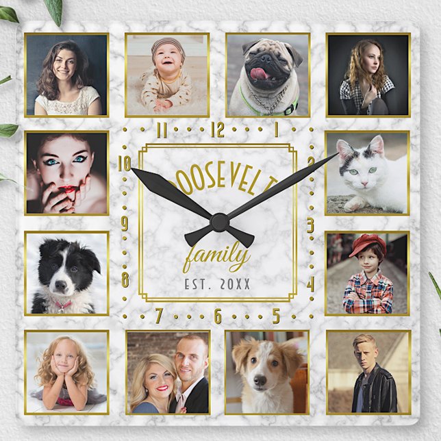 12 Family Photo Collage White Gold Marble Custom Square Wall Clock (Creator Uploaded)