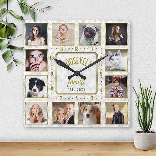 12 Family Photo Collage White Gold Marble Custom Square Wall Clock
