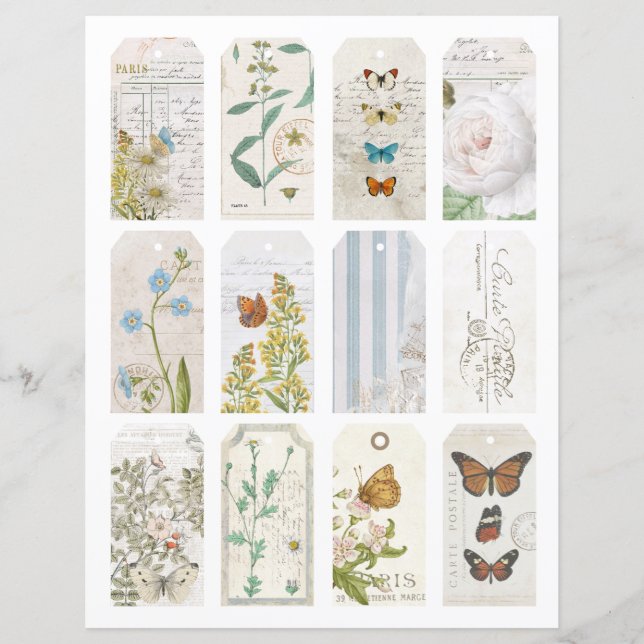 12 French Butterfly Flower Vintage Journal Tags (Front)