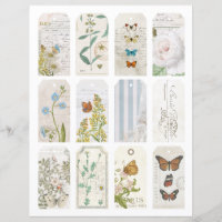 12 French Butterfly Flower Vintage Journal Tags