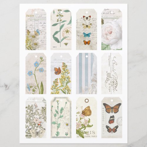 12 French Butterfly Flower Vintage Journal Tags