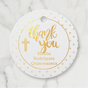 12 GOLD FOIL Catholic Cross Thank You QUINCEANERA Favor Tags