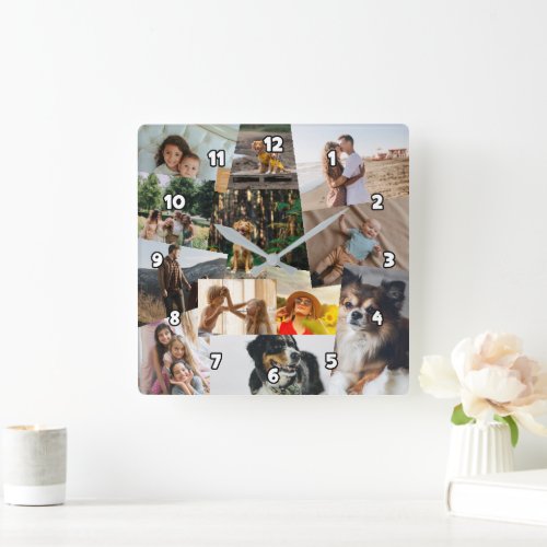 12 Haphazardly Overlapping Photos Collage Template Square Wall Clock