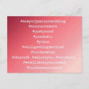 12 Hashtags Postponed Wedding Red & Pink Ombre Postcard