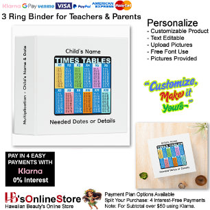 12 Learn Multiplication Child's Name Date Teacher  3 Ring Binder