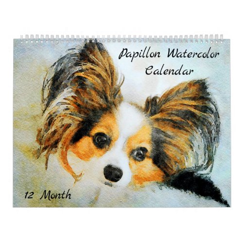 12 Month Adorable Papillon Dog Watercolor Painting Calendar