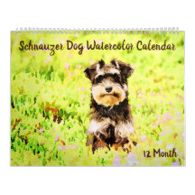 12 Month Adorable Schnauzer Dogs Watercolor Art