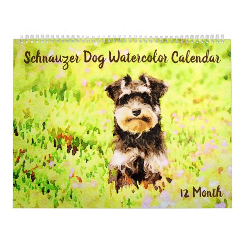 12 Month Adorable Schnauzer Dogs Watercolor Art Calendar