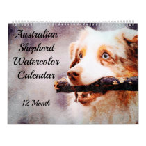 12 Month Australian Shepherd Cattle Dog Watercolor Calendar