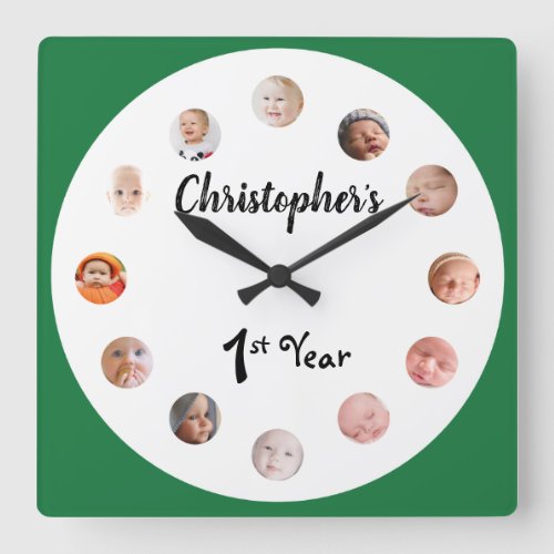 12 month baby photos Green custom Square Wall Clock