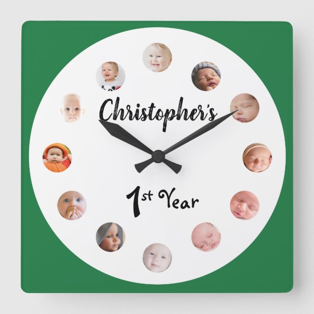 12 month baby photos Green custom Square Wall Clock (Front)