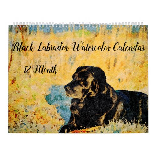 12 Month Black Lab Dogs Pets Watercolour Art Calendar