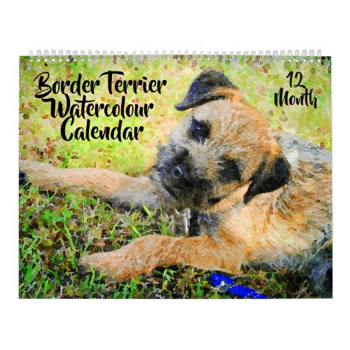 12 Month Border Terrier Dog Watercolours Painting Calendar
