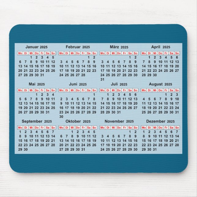 12 month calendar of the year 2025  mouse pad (Front)