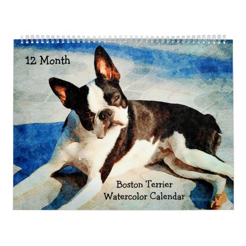12 Month Cute Boston Terrier Dogs Watercolor Gift Calendar