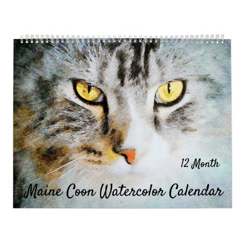 12 Month Cute Maine Coon Cats Watercolor Paintings Calendar