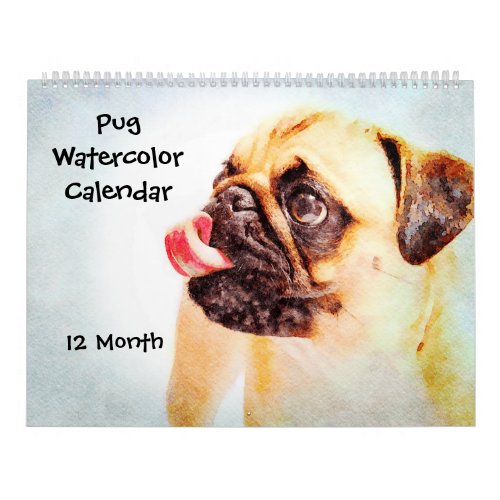 12 Month Cute Pug Dogs Pets Watercolour Art Gift Calendar