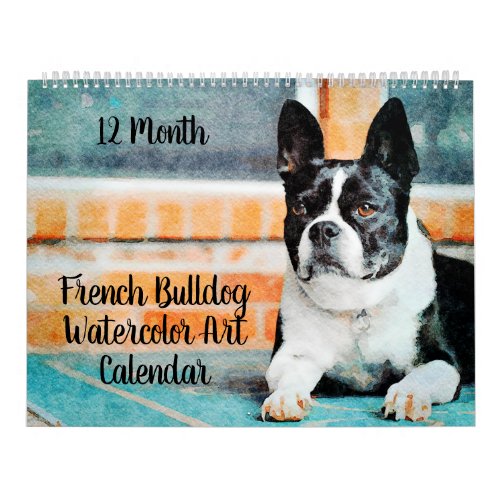 12 Month French Bulldog Dogs Art Watercolour Gift Calendar