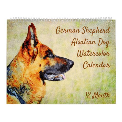 12 Month German Shepherd Alsatian Dogs Watercolor Calendar