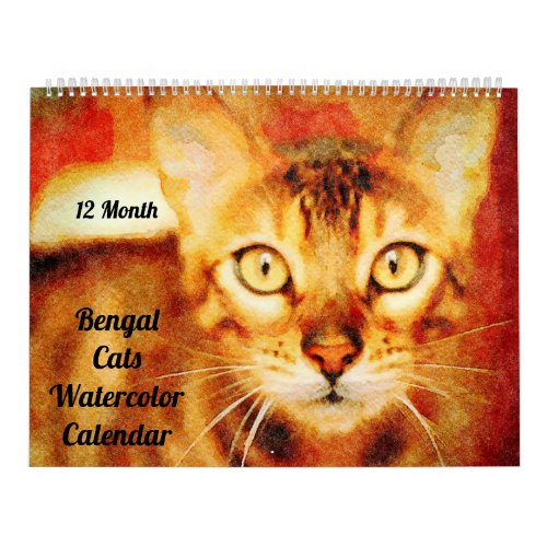 12 Month Gorgeous Bengal Cats Watercolor Painting Calendar