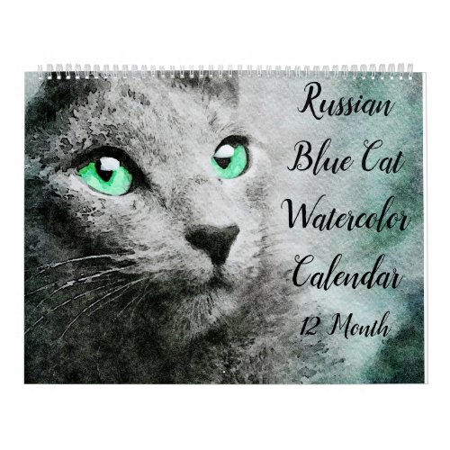 12 Month Gorgeous Russian Blue Cat Watercolor Art Calendar