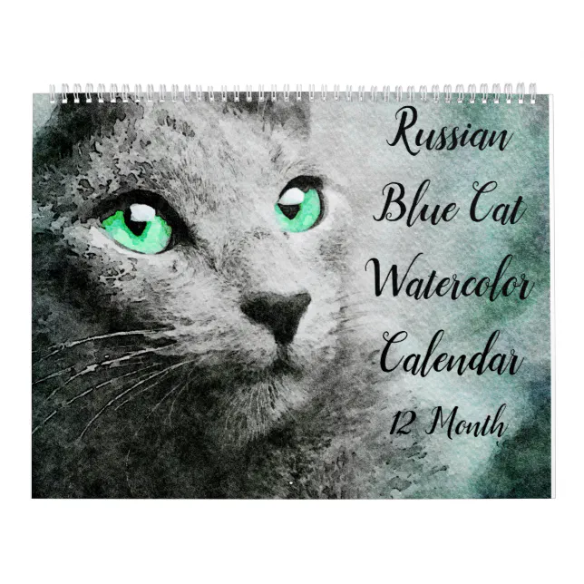 12 Month Russian Blue Cat Watercolor Art Calendar Zazzle