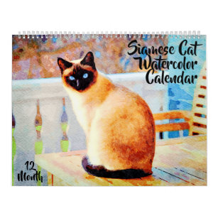 12 Month Gorgeous Siamese Cats Watercolor Painting Calendar