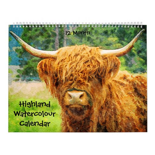 12 Month Highland Cow Cattle Watercolour Paintings Calendar