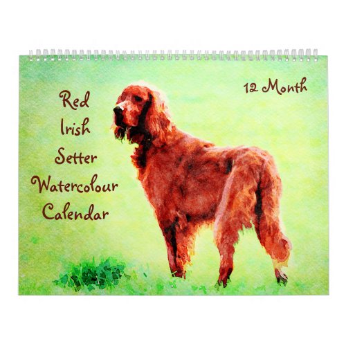 12 Month Red Irish Setter Dog Watercolor Painting Calendar