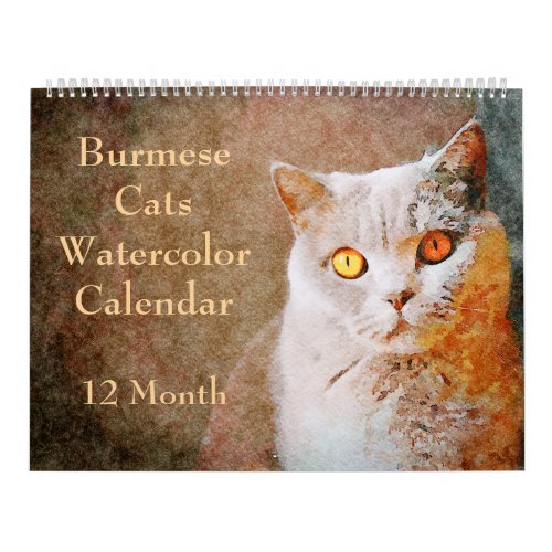 12 Month Stunning Burmese Cats Watercolor Art Calendar
