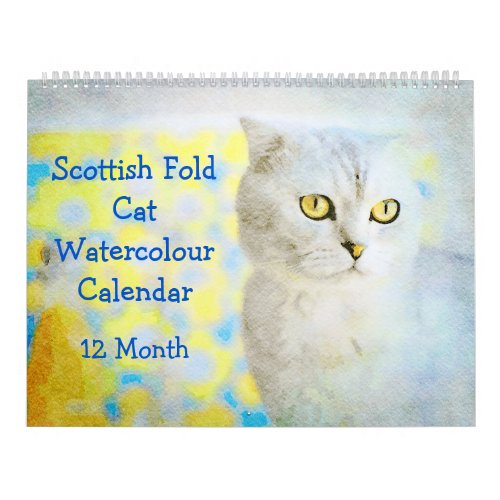12 Month Sweet Scottish Fold Cats Watercolor Gift Calendar