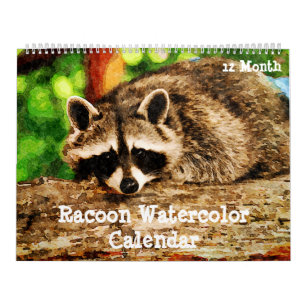 12 Month Watercolor Raccoon Wildlife Painting Art Calendar