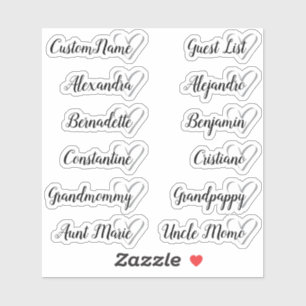 12 Names Custom Guest List Calligraphy Gray Heart Sticker