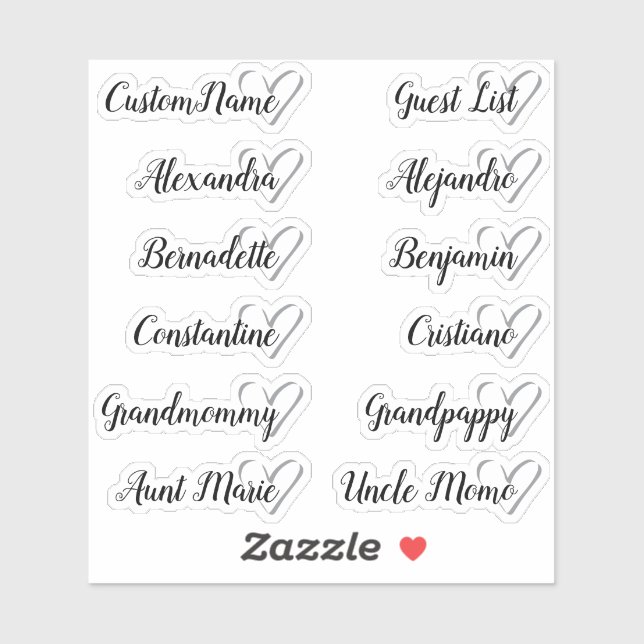 12 Names Custom Guest List Calligraphy Gray Heart Sticker (Sheet)