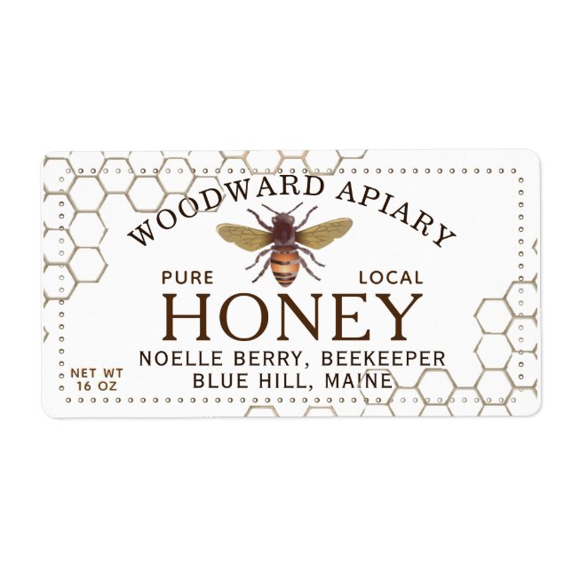 12 oz hexagon Honey Label with honeybee (Front)